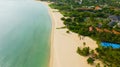 A tropical beach with palm trees and a blue ocean.