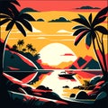 Tropical beach with palm trees and boats at sunset, vector illustration Generative AI