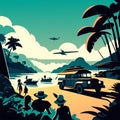 Tropical beach with palm trees and boats. Vector illustration. Generative AI