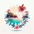 Tropical beach with palm trees and flowers. Vector illustration. generative AI Royalty Free Stock Photo