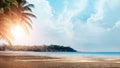 Tropical beach with palm trees and golden sand, Turquoise sea on blue sky background, Relaxing vacation summer day Royalty Free Stock Photo