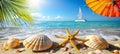 Tropical beach with palm trees, golden sands, clear waters, seashells, umbrellas, distant view