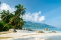 Tropical beach with palm trees in Mahe Seychelles Islands Royalty Free Stock Photo