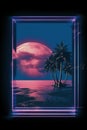 tropical beach with palm trees and a pink moon in a neon frame Royalty Free Stock Photo