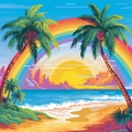 Tropical beach with palm trees and rainbow. Vector illustration. Royalty Free Stock Photo