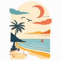 Tropical beach with palm trees, sailboat and sunset. Vector illustration Royalty Free Stock Photo