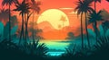 Tropical beach with palm trees, sunrise and sunset sky. Romantic background Royalty Free Stock Photo