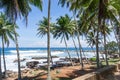 Tropical beach with palm trees. Turquoise sea. A powerful wave with splashes and foam breaks on a rocky shore. Sri Lanka