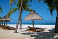 Tropical beach with palm trees and white sand blue ocean and beach beds with umbrella,Sun chairs and parasol under a Royalty Free Stock Photo