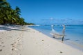 Tropical beach with palm trees and white sand blue ocean and beach beds with umbrella,Sun chairs and parasol under a Royalty Free Stock Photo