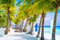 Tropical beach at Panglao Bohol island with chairs on the white sand beach with blue sky and palm trees. Travel Vacation Royalty Free Stock Photo