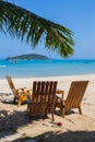 Tropical beach panorama with deckchairs, boats and palm tree Royalty Free Stock Photo