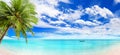 Tropical beach panorama, exotic island landscape panoramic view, green palm tree leaves, boat on turquoise sea water, ocean waves Royalty Free Stock Photo