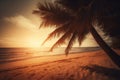 Tropical beach paradise with a coconut palms tree in a white sand at sunset. Vintage photography background. Generative AI Royalty Free Stock Photo