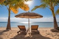 Tropical Beach Paradise with Lounge Chairs and Umbrella