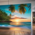 Tropical beach paradise with palm trees, turquoise water, and a colorful sunset3 Royalty Free Stock Photo