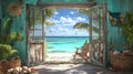 Tropical beach paradise viewed through open doors with palm trees and ocean waves Royalty Free Stock Photo