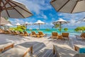 Beautiful luxury umbrella and chair around outdoor swimming pool in hotel and resort with coconut palm tree on blue sky