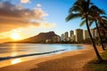 Tropical beach in Rio de Janeiro, Brazil, South America, Waikiki Beach and Diamond Head Crater including the hotels and buildings Royalty Free Stock Photo