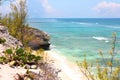 Tropical beach. rocky shore with turquoise ocean and cactus. Grand Turk island, The Bahamas Royalty Free Stock Photo