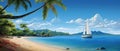 A Tropical Beach With A Sailboat, Illustrated In Vectors Royalty Free Stock Photo