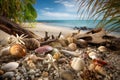 tropical beach with scattered shells, driftwood, and other treasures