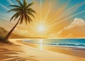 Tropical beach scene withe rays of the sun shining and coconut tree Royalty Free Stock Photo