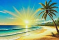 Tropical beach scene withe rays of the sun shining in the horizon Royalty Free Stock Photo
