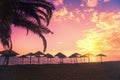 Tropical beach scenery with sun parasols and palm Royalty Free Stock Photo