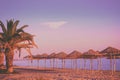 Tropical beach scenery with sun parasols and palms Royalty Free Stock Photo