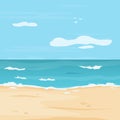 Tropical beach with sea. Background with ocean, clouds and sand. Flat style