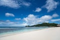 Tropical beach with sea and palm . Beach and sea photo. Romantic beach aerial view. Seychelles