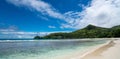 Tropical beach with sea and palm . Beach and sea photo. Romantic beach aerial view. Seychelles