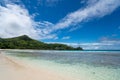 Tropical beach with sea and palm . Beach and sea photo. Romantic beach aerial view. Seychelles