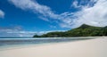 Tropical beach with sea and palm . Beach and sea photo. Romantic beach aerial view. Seychelles