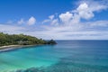 Tropical beach with sea and palm taken from drone. Beach and sea photo. Romantic beach aerial view