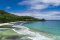 Tropical beach with sea and palm taken from drone. Beach and sea photo. Romantic beach aerial view