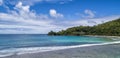 Tropical beach with sea and palm taken from drone. Beach and sea photo. Romantic beach aerial view