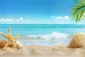 Tropical beach with sea star on sand, summer holiday background. Travel and beach vacation, free space for text. Royalty Free Stock Photo