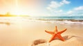 Tropical beach with sea star on sand, summer holiday background . Travel promotion banner template Generative AI Royalty Free Stock Photo