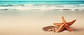 Tropical beach with sea star on sand, summer holiday background . Travel promotion banner template Generative AI Royalty Free Stock Photo