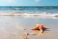 A red sea star on sand, summer holiday ocean background. Travel and tropical beach vacation. Free space for text Royalty Free Stock Photo