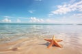 Tropical beach with a red sea star on sand, summer holiday background. Travel and beach vacation Royalty Free Stock Photo