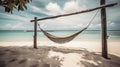 Tropical beach and sky background as exotic summer landscape with beach swing or hammock and white sand. AI Generative