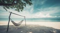 Tropical beach and sky background as exotic summer landscape with beach swing or hammock and white sand and calm sea beach. AI