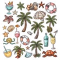 Tropical Beach Summer Elements Hand Drawn Illustration Collection Isolated on White Background Royalty Free Stock Photo