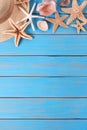 Tropical beach summer starfish background border vertical blue wood deck