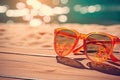 Tropical beach with sunbathing accessories, sunglasses, summer holiday concept background Royalty Free Stock Photo