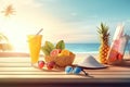 Tropical beach with sunbathing accessories, sunglasses, summer holiday concept background Royalty Free Stock Photo