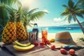 Tropical beach with sunbathing accessories, sunglasses, summer holiday concept background Royalty Free Stock Photo